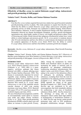 Effectivity of Bacillus Cereus to Control Ralstonia Syzygii Subsp