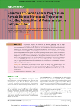 Genomics of Ovarian Cancer Progression Reveals Diverse Metastatic Trajectories Including Intraepithelial Metastasis to the Fallopian Tube