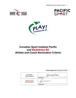 Canadian Sport Institute Pacific and Badminton BC Athlete and Coach Nomination Criteria