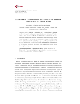 ANNIHILATOR CONDITIONS of MULTIPLICATIVE REVERSE DERIVATIONS on PRIME RINGS Gurninder S. Sandhu and Deepak Kumar 1. Introduction