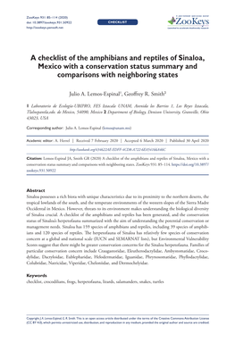 A Checklist of the Amphibians and Reptiles of Sinaloa, Mexico with a Conservation Status Summary and Comparisons with Neighboring States