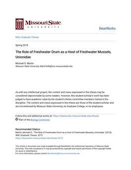 The Role of Freshwater Drum As a Host of Freshwater Mussels, Unionidae