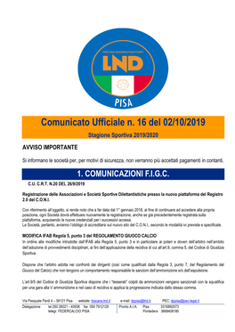 Comunicato Ufficiale N. 16 Del 02/10/2019