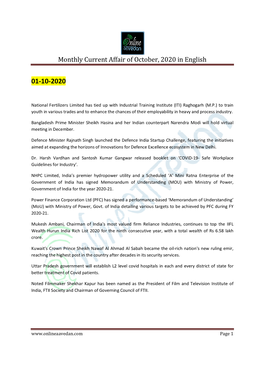 Monthly Current Affair of October, 2020 in English