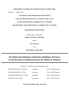 Inventaire Des Substances Minérales Métalliques Ferreuses Et Non Ferreuses Et Métaux Précieux Des Monts De Tlemcen