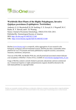 Worldwide Host Plants of the Highly Polyphagous, Invasive Epiphyas Postvittana (Lepidoptera: Tortricidae) Author(S) :E