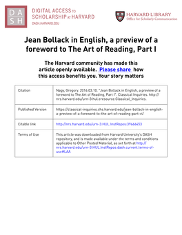 Jean Bollack in English, a Preview of a Foreword to the Art of Reading, Part I