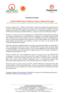 09/01/2015 ASIAGO DOP Unisce L'italia in Cucina a Masterchef Italia