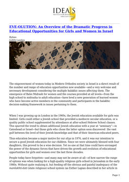 EVE-OLUTION: an Overview of the Dramatic Progress in Educational Opportunities for Girls and Women in Israel