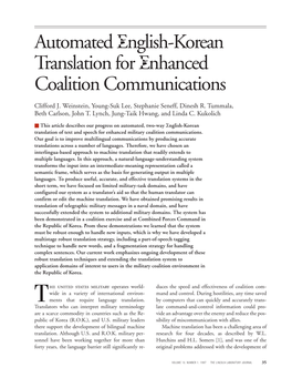 Automated English-Korean Translation for Enhanced Coalition Communications Automated English-Korean Translation for Enhanced Coalition Communications Clifford J