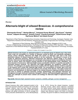 Alternaria Blight of Oilseed Brassicas: a Comprehensive Review