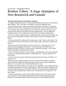 Reuben Cohen: ‘A Huge Champion of New Brunswick and Canada’