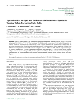 Hydrochemical Analysis and Evaluation of Groundwater Quality in Tumkur Taluk, Karnataka State, India