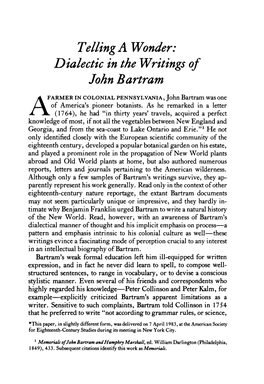 Telling a Wonder: Dialectic in the Writings of John Bartram