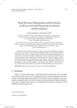 Water Resources Management and Governance As Part of an Overall Framework for Growth and Development