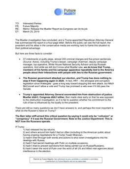 Memo: Release the Mueller Report So Congress Can Do Its Job DT: March 25, 2019