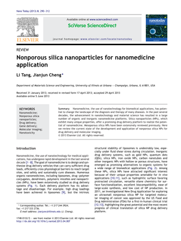 Nonporous Silica Nanoparticles for Nanomedicine Application