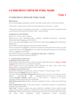 CUMHURİYET DÖNEMİ TÜRK NESRİ Ünite 1