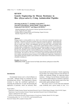 Genetic Engineering for Disease Resistance in Rice (Oryza Sativa L.) Using Antimicrobial Peptides