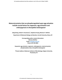 Maternal Proteins That Are Phosphoregulated Upon Egg Activation Include Crucial Factors for Oogenesis, Egg Activation and Embryogenesis in Drosophila Melanogaster