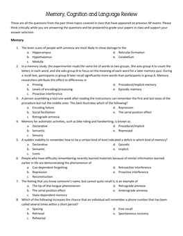 Memory, Cognition and Language Review