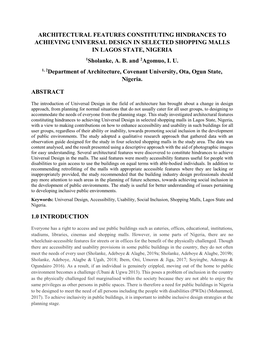 ARCHITECTURAL FEATURES CONSTITUTING HINDRANCES to ACHIEVING UNIVERSAL DESIGN in SELECTED SHOPPING MALLS in LAGOS STATE, NIGERIA 1Sholanke, A