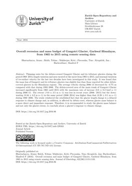 Overall Recession and Mass Budget of Gangotri Glacier, Garhwal Himalayas, from 1965 to 2015 Using Remote Sensing Data