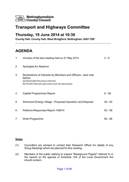 Transport and Highways Committee Thursday, 19 June 2014 at 10:30 County Hall , County Hall, West Bridgford, Nottingham, NG2 7QP