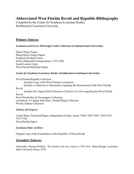 Abbreviated West Florida Revolt and Republic Bibliography Compiled by the Center for Southeast Louisiana Studies Southeastern Louisiana University