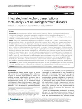 Integrated Multi-Cohort Transcriptional Meta-Analysis of Neurodegenerative Diseases Matthew D Li1*†, Terry C Burns1,2†, Alexander a Morgan1 and Purvesh Khatri1,3*