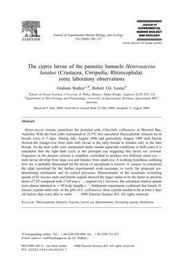 The Cypris Larvae of the Parasitic Barnacle Heterosaccus Lunatus (Crustacea, Cirripedia, Rhizocephala): Some Laboratory Observations