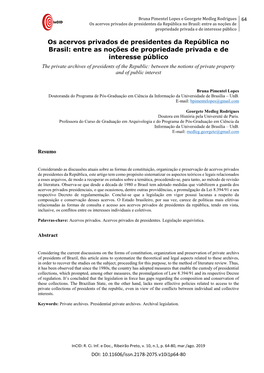 Os Acervos Privados De Presidentes Da República No Brasil: Entre As Noções De Propriedade Privada E De Interesse Público