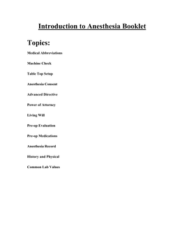 Introduction to Anesthesia Booklet