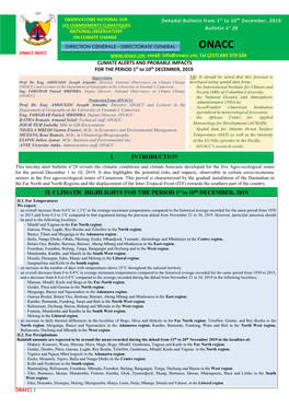 II. CLIMATIC HIGHLIGHTS for the PERIOD 1St to 10Th DECEMBER, 2019