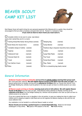 Beaver Scout Camp Kit List