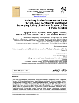 Preliminary In-Vitro Assessment of Some Phytochemical Constituents and Radical Scavenging Activity of Methanol Extracts of Five Flowers Varieties