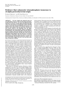 Evidence That Eukaryotic Triosephosphate Isomerase Is of Alpha-Proteobacterial Origin