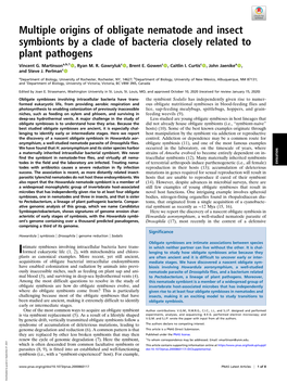 Multiple Origins of Obligate Nematode and Insect Symbionts by a Clade of Bacteria Closely Related to Plant Pathogens