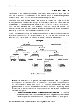 PLANT MOVEMENTS Movement Is Not Usually Associated with Plants and Least of All with Trees Or Shrubs