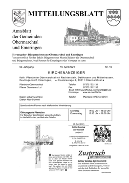 Amtsblatt Der Gemeinden Obermarchtal Und Emeringen