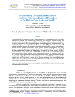 Suicide Among Undergraduate Students in Southeast Nigeria: an Empirical Evaluation of Durkheim’S Classifications of Suicide