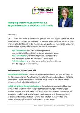 Wahlprogramm Von Katja Lindenau Zur Bürgermeisterwahl in Schwalbach Am Taunus