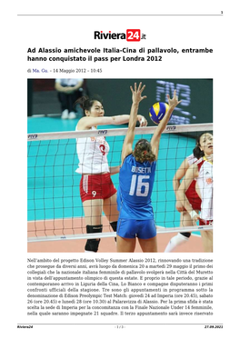 Ad Alassio Amichevole Italia-Cina Di Pallavolo, Entrambe Hanno Conquistato Il Pass Per Londra 2012