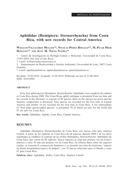 Aphididae (Hemiptera: Sternorrhyncha) from Costa Rica, with New Records for Central America