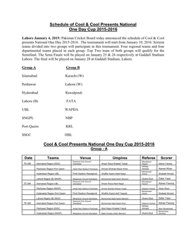 Schedule of Cool & Cool Presents National One Day Cup 2015-2016