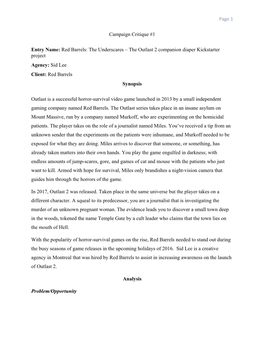 Page 1 Campaign Critique #1 Entry Name: Red Barrels: the Underscares – the Outlast 2 Companion Diaper Kickstarter Project Agen