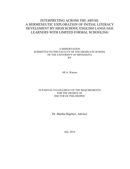 Interpreting Across the Abyss: a Hermeneutic Exploration of Initial Literacy Develoment by High School English Language Learners with Limited Formal Schooling