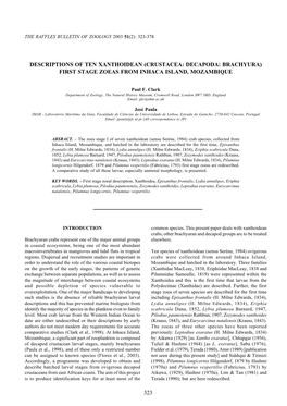 Crustacea: Decapoda: Brachyura) First Stage Zoeas from Inhaca Island, Mozambique