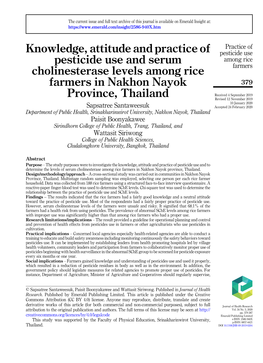 Knowledge, Attitude and Practice of Pesticide Use and Serum Cholinesterase Levels Among Rice Farmers in Nakhon Nayok Province, T