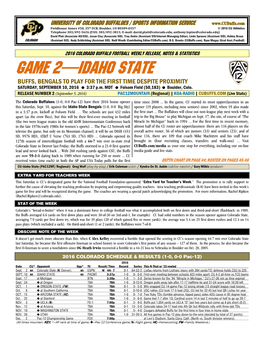 GAME 2—IDAHO STATE BUFFS, BENGALS to PLAY for the FIRST TIME DESPITE PROXIMITY SATURDAY, SEPTEMBER 10, 2016 3:37 P.M